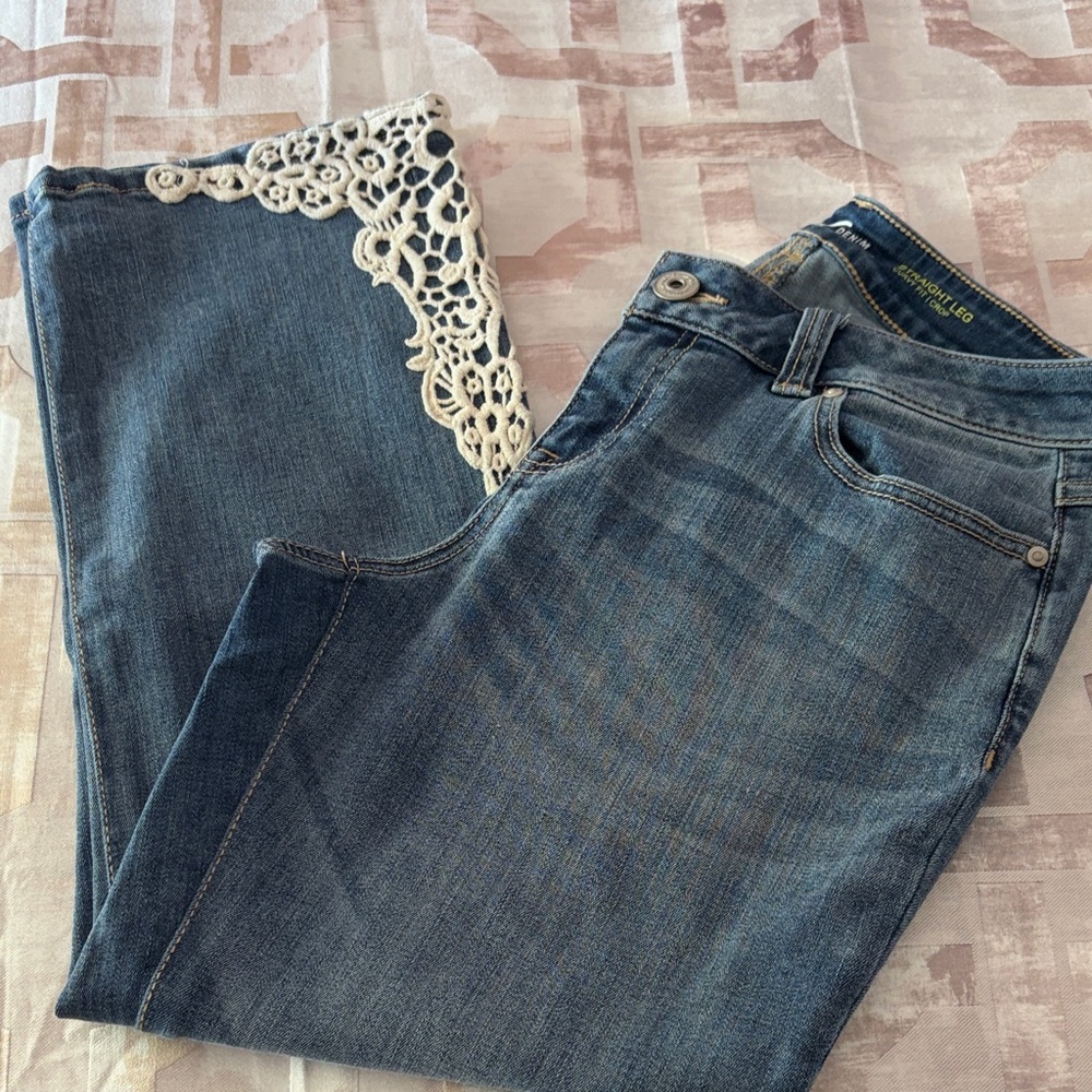 INC International Concepts Blue Jeans with White Lace Accents